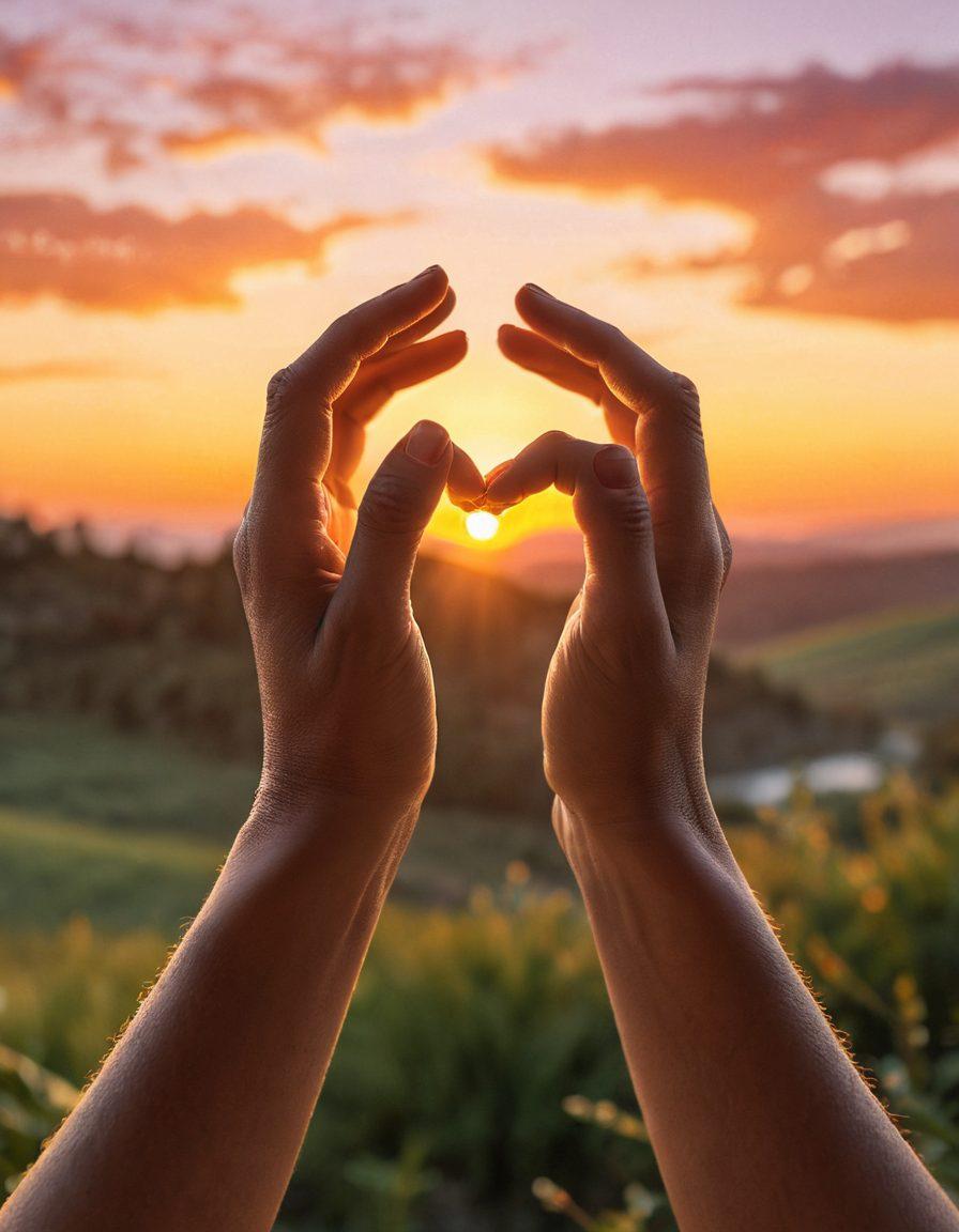 An enchanting scene of two hands intertwined, surrounded by soft glowing light, symbolizing intimacy and connection. In the background, a serene landscape with a sunset casting warm hues, representing passion and commitment. Incorporate subtle heart motifs in the design and a gentle flow of vibrant colors to evoke emotions. super-realistic. warm tones. soft focus.