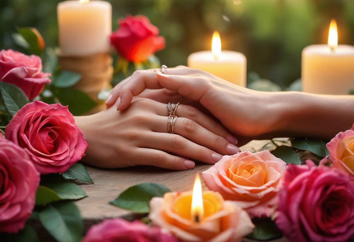 A beautifully intertwined couple's hands, adorned with delicate wedding rings, surrounded by vibrant blooming roses and soft, glowing candlelight. In the background, a lush landscape symbolizes growth and nurturing love, while gentle light filters through leaves, creating an enchanting atmosphere. super-realistic. vibrant colors. soft-focus.