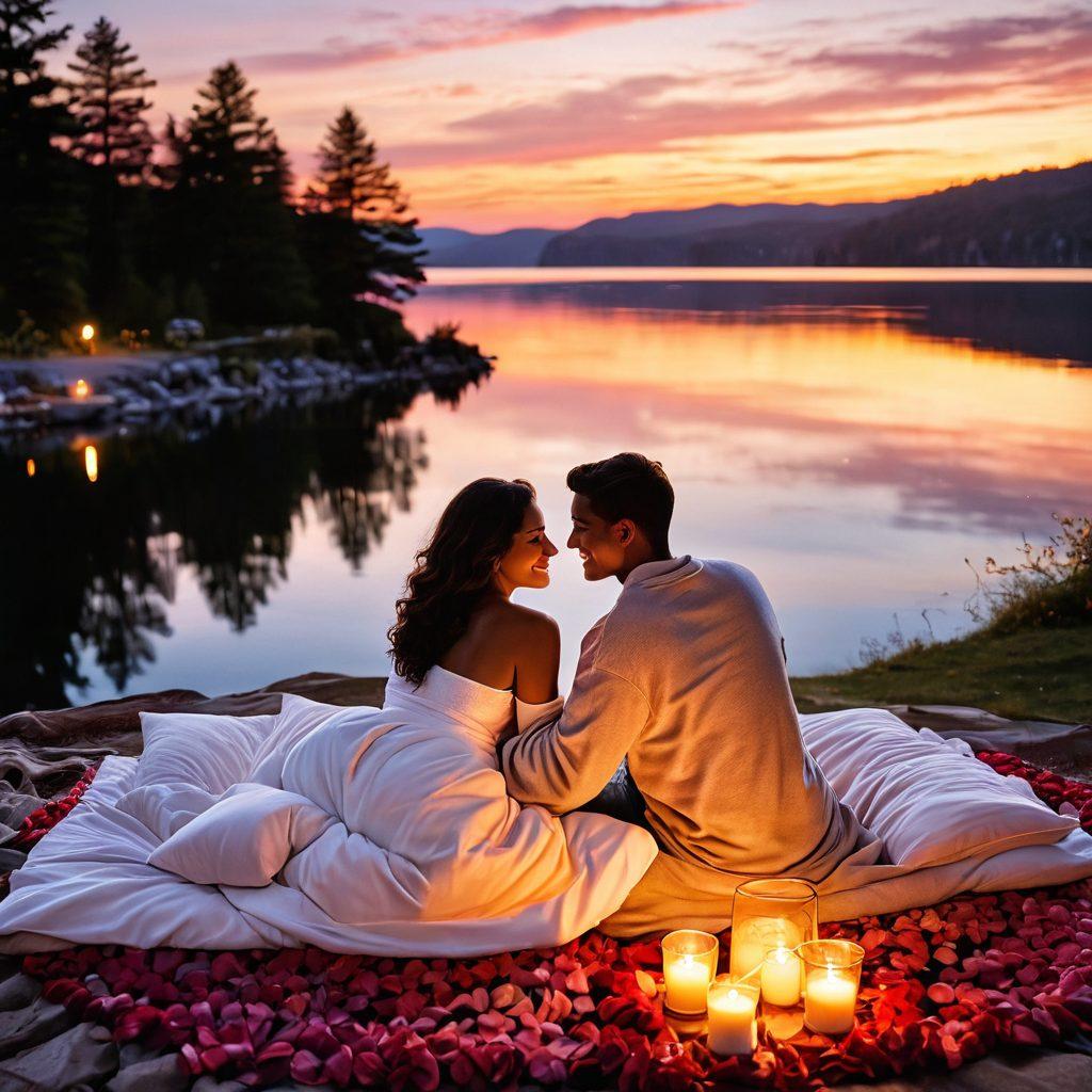 A cozy, candlelit scene featuring a couple sharing an intimate moment, surrounded by soft pillows and a warm blanket. The background showcases a beautiful sunset with vivid colors reflecting off a nearby lake, symbolizing love and connection. Delicate rose petals scattered around add to the romantic ambiance. The couple is smiling, looking into each other's eyes, embodying heartfelt moments. super-realistic. vibrant colors. warm tones.